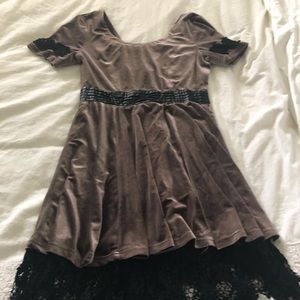 Velvet dress in a grayish/eggplant  w/ black lace
